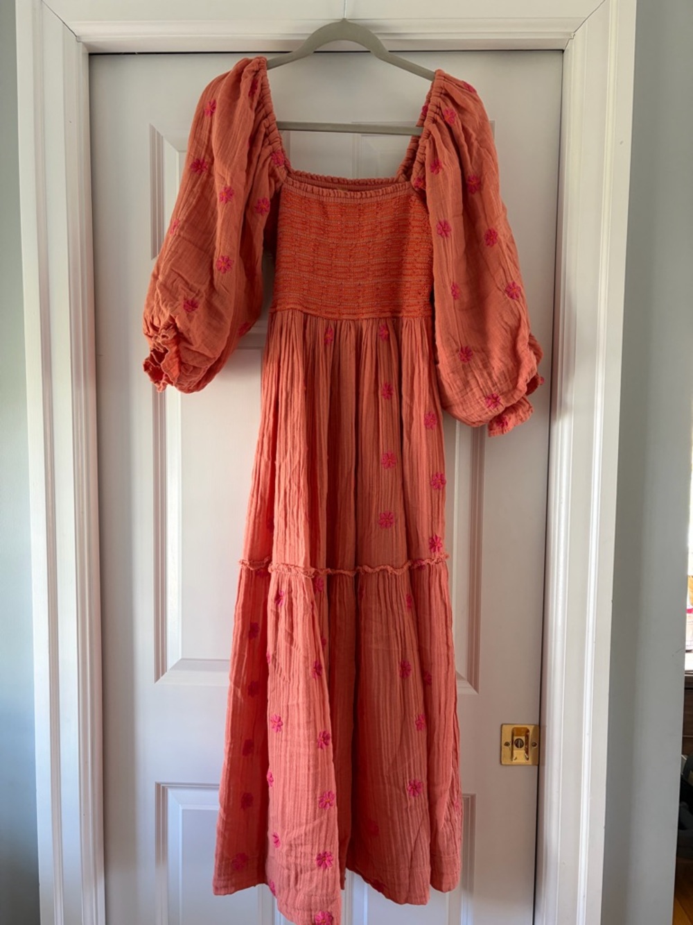 Free People Coral Maxi Dress with Pink Floral Embroidery